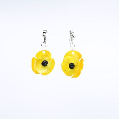 Clip on Hanging Poppy Flower Earrings - Hand painted - Yellow