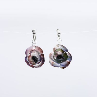 Clip on Hanging Poppy Flower Earrings - Hand painted - Spice