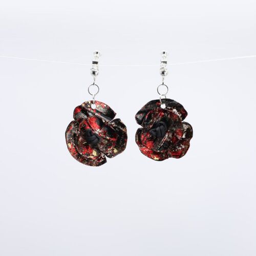Clip on Hanging Poppy Flower Earrings - Hand gilded Gold, Black and Red