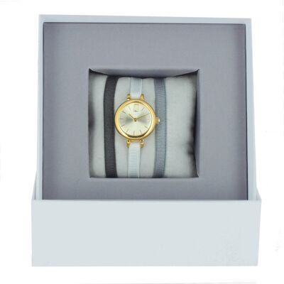 Coffret Montre Ruban Marron Foncé/Gris1/Gris2-Champagne/Or jaune