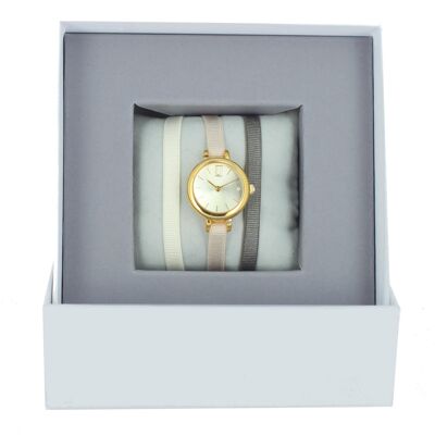 Coffret Montre Ruban Marron Foncé Clair/Beige 163/Crème-Champagne/Or jaune