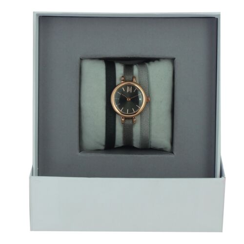 Coffret Montre Ruban Kaki foncé/Marron foncé clair /Marron glacé clair1-Gun/Or Rose