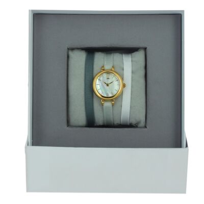 Coffret Montre Ruban Bleu gris2/Bleu gris clair/Blanc-MOP/Or Jaune