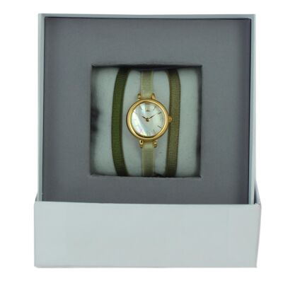 Khaki Ribbon Watch Box / Sand / Medium Khaki-MOP / Yellow Gold