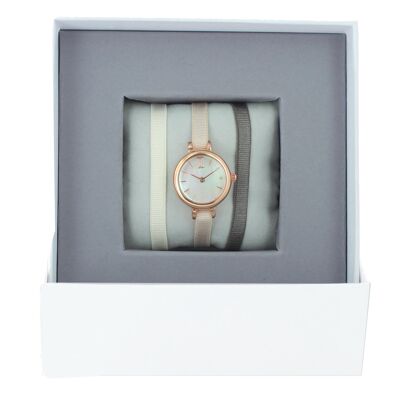 Scatola porta orologi con nastro marrone scuro chiaro / Beige163 / Crema-MOP / Oro rosa