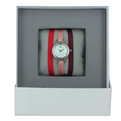 Coffret Montre Ruban Rouge/Rose2/Bordeaux foncé-MOP/Palladium