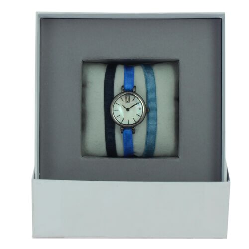 Coffret Montre Ruban Marine95/Bleu128/Bleu Jean 2-MOP/Ruthenium