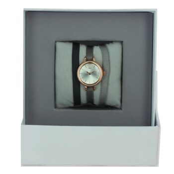 Coffret Montre Ruban Kaki foncé/Marron foncé clair /Marron glacé clair1-Silver/Or Rose 1