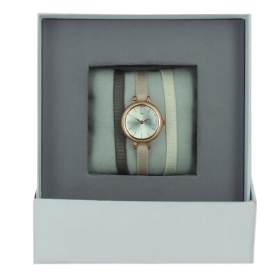 Marrón oscuro claro / Beige 163 / Crema-Plata / Caja de reloj con cinta de oro rosa