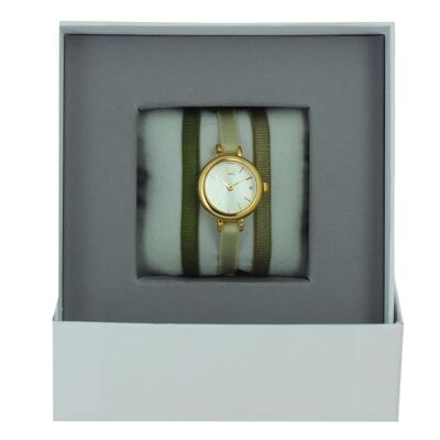 Caja de reloj con cinta caqui / Arena / Caqui mediano-Blanco / Oro amarillo