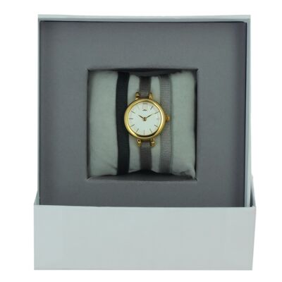 Coffret Montre Ruban Kaki foncé/Marron foncé clair /Marron glacé clair1-White/Or jaune