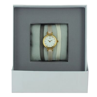 Marrón oscuro claro / Beige 163 / Blanco crema / Caja de reloj con cinta de oro amarillo