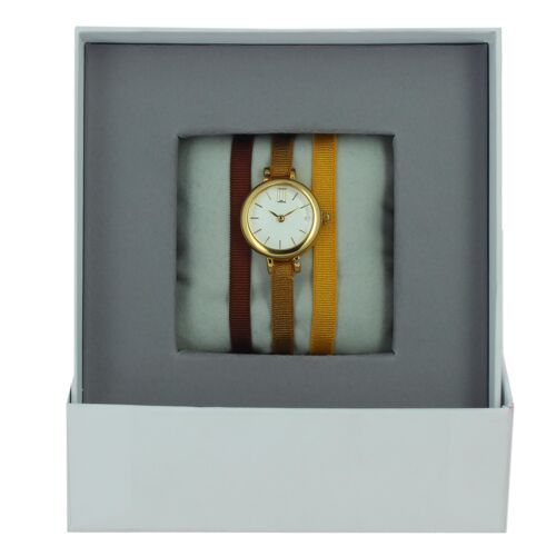 Coffret Montre Ruban Rouille73/Ocre77/J24-White/Or jaune