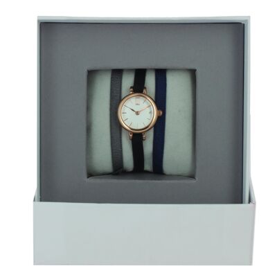 Caja de reloj Cinta gris3 / Negro / Azul marino-Blanco / Oro rosa