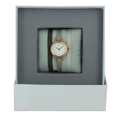 Caja de reloj de cinta marrón134 / Beige1 / Gris48-Blanco / Oro rosa