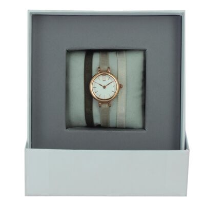 Coffret Montre Ruban Marron134/Beige1/Gris48-White/Or rose