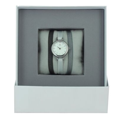 Caja de reloj de cinta marrón oscuro / gris1 / gris2-blanco / paladio