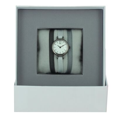 Caja de reloj de cinta marrón oscuro / gris1 / gris2-blanco / rutenio