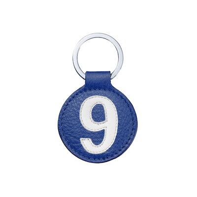 Porte clé mini n° 9 blanc fond bleu cobalt