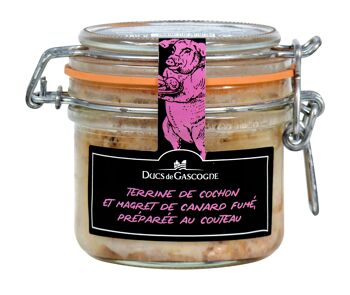 Terrine de cochon et magret de canard fumé, préparée au couteau 180g