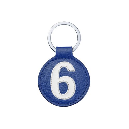 Porte clé mini n° 6 blanc fond bleu cobalt