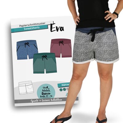 Patrón de costura de pantalones cortos de chándal talla Eva. 32-54 | Patrón de costura de papel para mujer con instrucciones de costura.