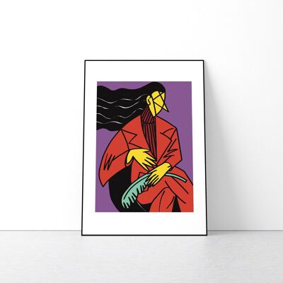 Girl with banana leaf art print. Fashionable girl portrait in red with flowers