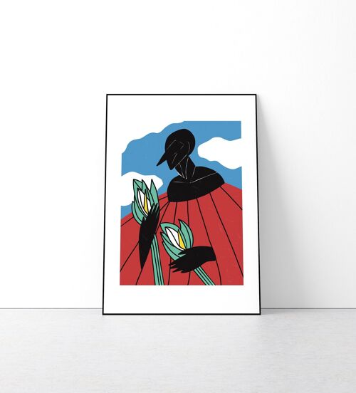 Black girl with lilies art print. Floral graphic pop art poster