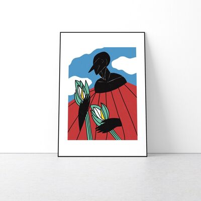 Schwarzes Mädchen mit Lilien-Kunstdruck. Pop-Art-Poster mit Blumengrafik