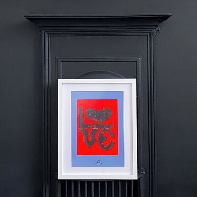 Impresión de amor rojo, linograbado original A4 impreso a mano