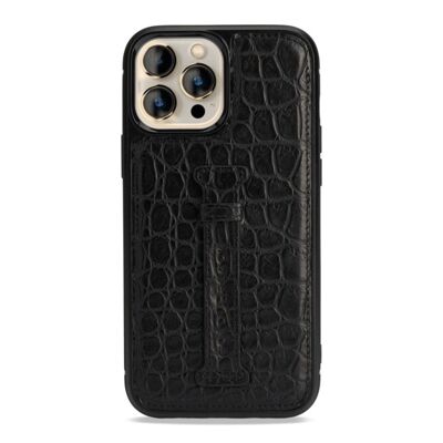 Étui en cuir pour iPhone 13 Pro Max avec passant pour les doigts crocodile noir
