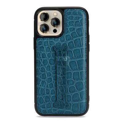 iPhone 13 Pro Max crocodile skin case with finger loop petrol blue