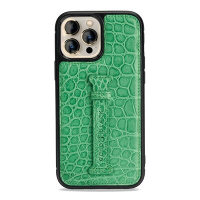 iPhone 13 Pro Max leather case with finger loop crocodile green