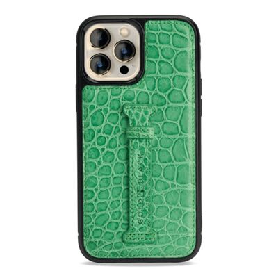 Custodia in pelle per iPhone 13 Pro Max con passante per le dita coccodrillo verde