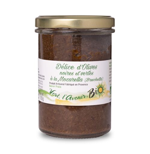 Délice d'olives noires et vertes à la Mozarella et au fromage de chèvre, Bruschetta, Bio (180 gr)