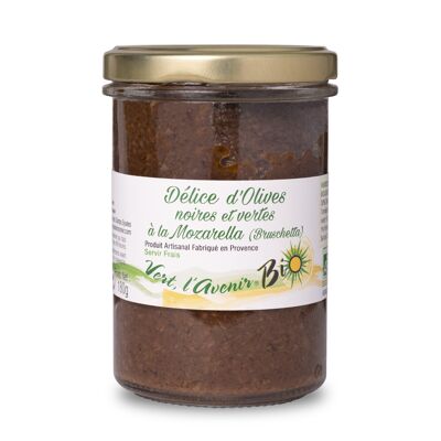 Délice d'olives noires et vertes à la Mozarella et au fromage de chèvre, Bruschetta, Bio (180 gr)
