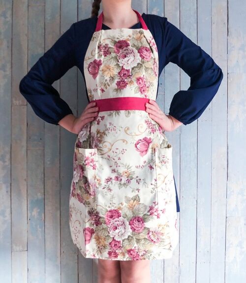 Festive Rose print full apron for women, floral apron with pockets.