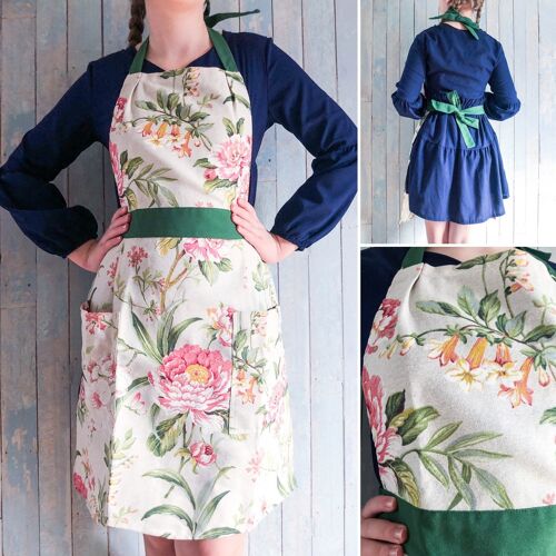 Peony print floral apron for women, retro style woman apron with pockets.