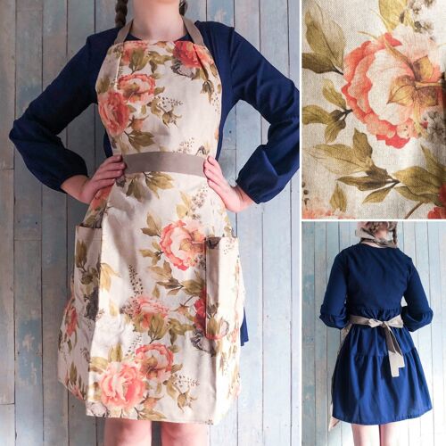 Farmhouse style orange peonies full apron for women, floral apron with pockets.