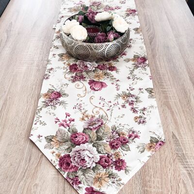 Camino de mesa con rosas en patrón crema. Camino de mesa de verano hecho a mano.