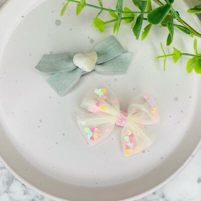 Bow Set -  2.5" Hearts Bow Set Mint & White