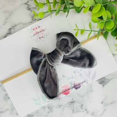 Baby - Velvet Large Bow Baby Band Petrol Grey