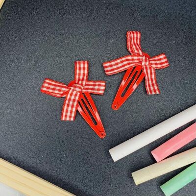 School - Gingham Bow Snap Clips Red