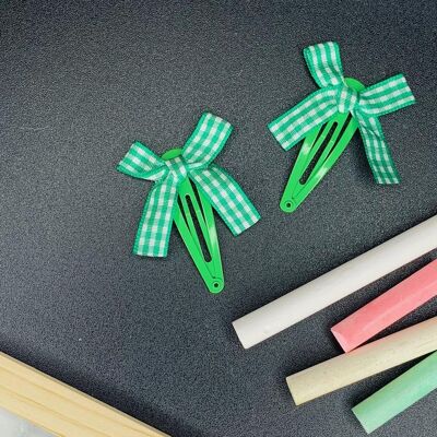 School - Gingham Bow Snap Clips Green