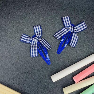 School - Gingham Bow Snap Clips Navy