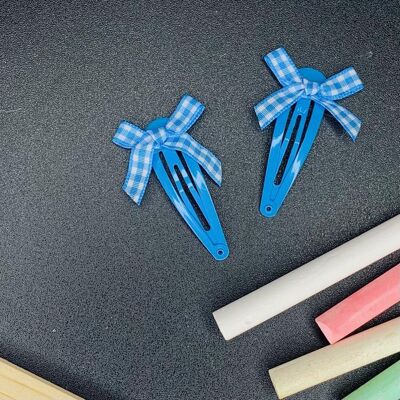School - Gingham Bow Snap Clips Royal Blue