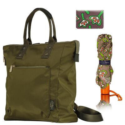 Damenrucksack, Regenschirm, Kartenhalter Combo Set - Olivgrün Set B.