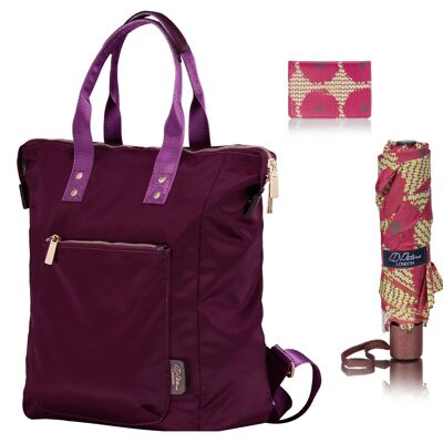 Damenrucksack, Regenschirm, Kartenhalter Combo Set - Plum