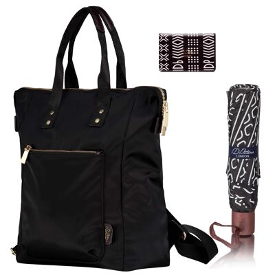 Conjunto combinado de mochila, paraguas y tarjetero para mujer - Conjunto negro B