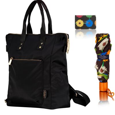 Damenrucksack, Regenschirm, Kartenhalter Combo Set - Schwarz Set A.